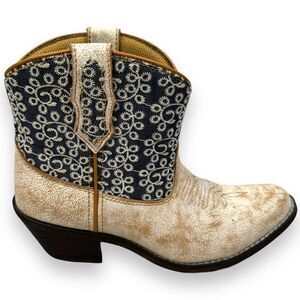 Laredo Kymber Western Ankle Boots Womens 7 M Beige Blue Cowboy Round Toe Leather